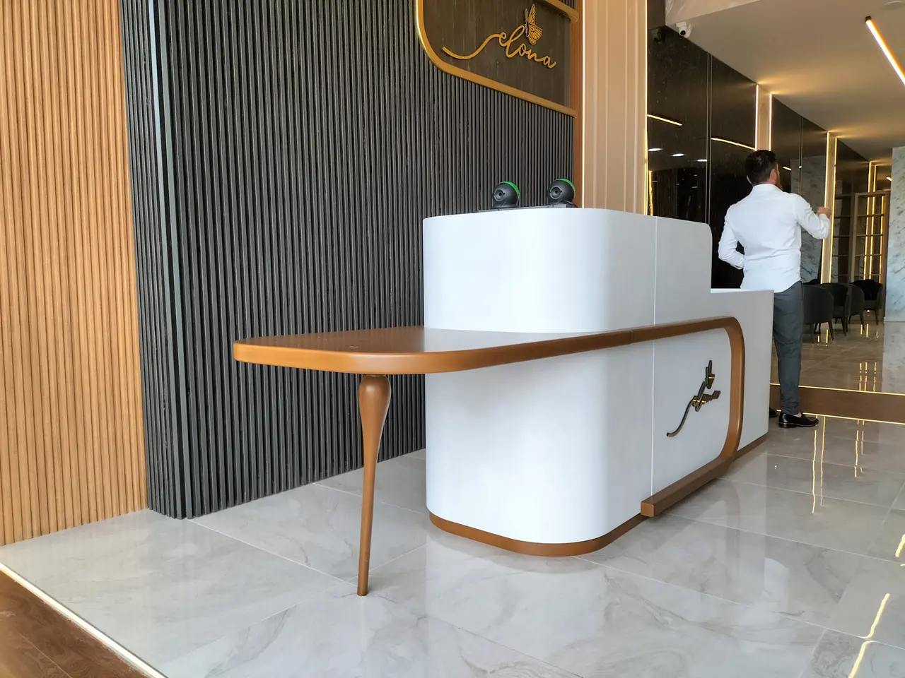 Интерьер Elona Salon от Elegant Craft: чёрный мрамор, ореховые ламели и стеклянные подвесы